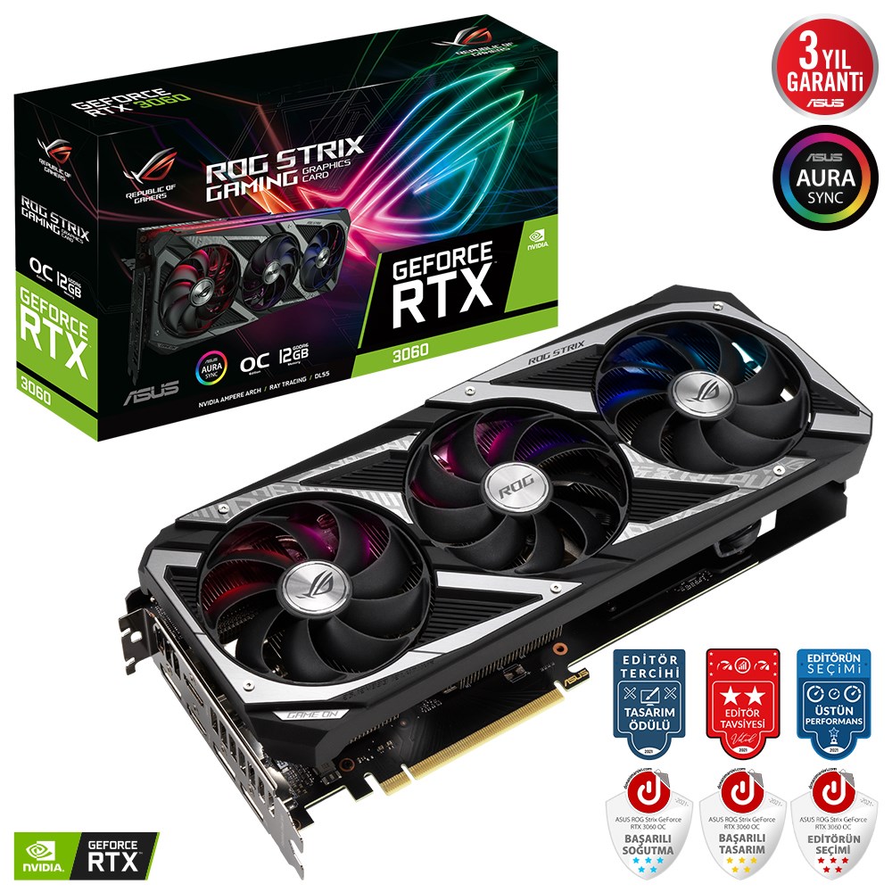 Asus ROG Strix GeForce RTX 3060 V2 OC ROG-STRIX-RTX3060-O12G-V2-GAMING 12GB GDDR6 192Bit DX12 Ekran Kartı