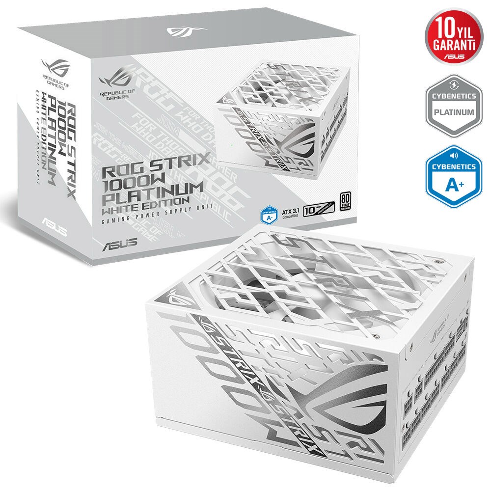 ASUS ROG STRIX 1000P Platinum Tam Modüler 1000W ATX 3.1 GaN MOSFET GPU-FIRST Patentli Güç Kaynağı 10 YIL GARANTİ BEYAZ