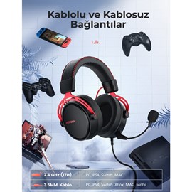 Mpow Air II Kablo Üzeri Kontrollü 3D Surround Kablosuz Oyuncu Kulaklığı PC/PS4/Xbox One/Switch Kırmızı