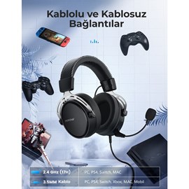 Mpow Air II Kablo Üzeri Kontrollü 3D Surround Kablosuz Oyuncu Kulaklığı PC/PS4/Xbox One/Switch Gümüş