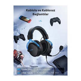 Mpow Air II Kablo Üzeri Kontrollü 3D Surround Kablosuz Oyuncu Kulaklığı PC/PS4/Xbox One/Switch Mavi